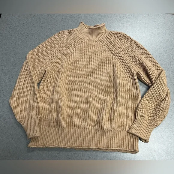 J.Crew Chunky Knit Mock Neck Sweater Tan Ribbed 100% Cotton—XL (Unisex) - Picture 1 of 9